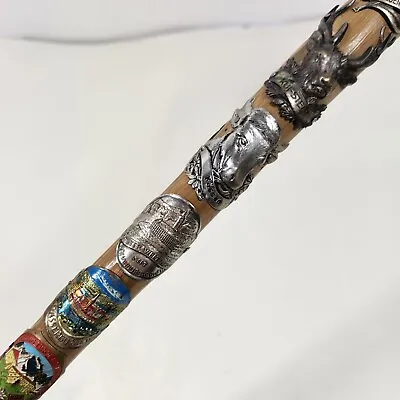 Vintage German Walking Stick Cane  Metal Medallions German Walking Cane W/flaws  • $74.99