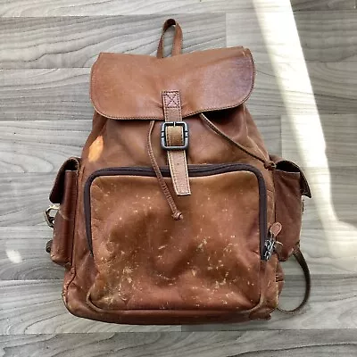 Vintage Brown Smooth Leather Backpack Rucksack 16 In X 12 In 1990s Distressed • $28