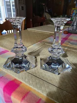 $42 • Buy 2 Pair Val St Lambert Lafayette Crystal Candlesticks 6 3/4” Signed For Tapers