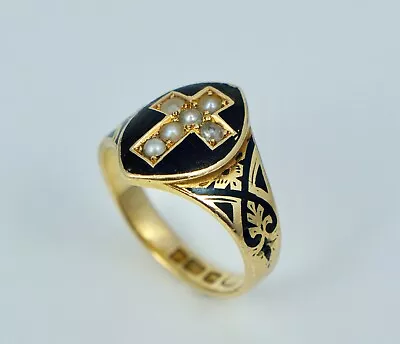 Antique 18K 1901 Sheffield Enamel Pearl Cross Mourning Ring Memory Victorian 6.5 • $1195