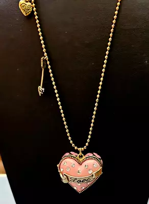 Betsy Johnson Pink Enamel Rhinestone Heart Locket With Key Ring • $12