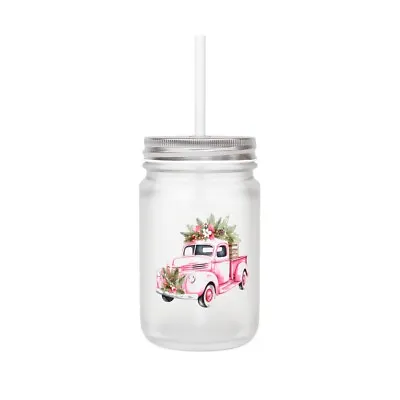 Pink Christmas Truck Tree Mason Jar Drinking Glass W/ Lid & Straw New Gift  • $24.99