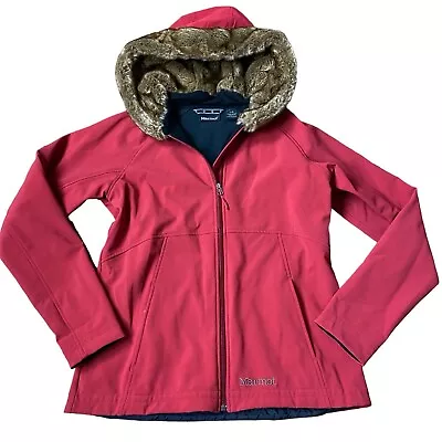Marmot Furlong Jacket Women's Large Red Fleece Lined Softshell Faux Fur Hood • $34.99