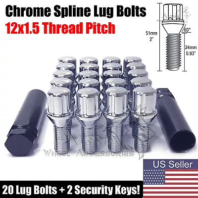 20Pc Chrome Spline Lug Bolts 12x1.5 Fits Saab 9-3 900 9-5 9-3X + 2 Security Keys • $27.95
