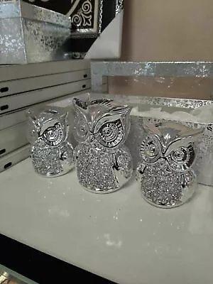 £13.99 • Buy Crushed Diamond Silver Crystal Stunning Owl Set Of 3, Ornament, Sparkly Bling ✨
