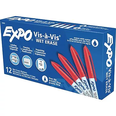 EXPO Vis-A-Vis Wet-Erase Fine-Tip Markers Red Box Of 12 • $20.23