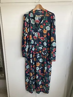 Next Navy Blue Floral Long Sleeve Midi  Dress Size 16 • £8