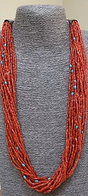 Vintage Navajo Sterling Silver Red Coral Bead 20 Strand 28 Inch Necklace • $1298