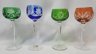 Set Of 4 Hand Cut Bohemian Czech Crystal Multi Coloured Long Stem Wine Glasses • $109.65