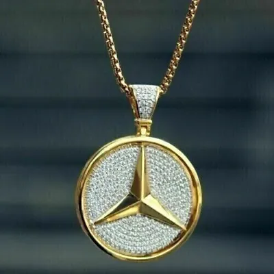 2.10 Ct Round Cut Simulated Diamond Mercedes Benz Pendant 14k Yellow Gold Plated • $156.86