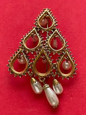 Vintage Christmas Tree Brooch Pin Signed Florenza Book Piece Pearl Dangles Mcm • $135