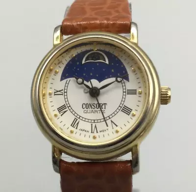 Vintage Consort Moon Phase Watch Women Gold Tone Date 24mm New Battery • $44.99