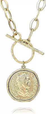 Antique Gold Chunky Coin Necklace Medallion Roman Coin Toggle Gold Layering • $44.99