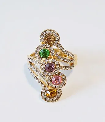 Unique Long Multi Color Crystal Stretch Ring Gold Plated Statement Vintage Look • $9.99