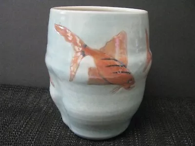 Vintage Studio Art Pottery Vase Blue With Orange Fish Marked • $9.99