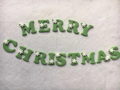 Edible Sugarpaste  Cake Topper - Merry Christmas Green With Snowflakes  • £5.99