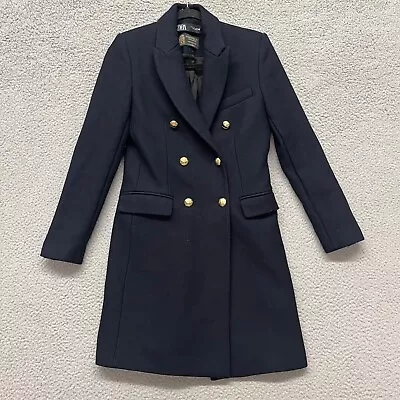 Zara Manteco Wool Coat Womens S Blue Double Breasted Trench Classic Italian • $54.88