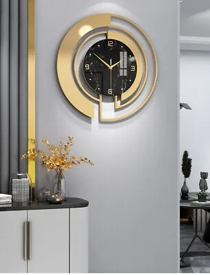 Wall Clock Large  Black And Gold Metal Silent 3D Modern Minimalist 45cm X 45cm • £59.95