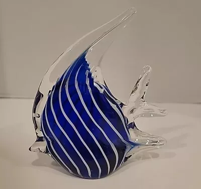Blue White Stripe 6  Art Glass Angel Fish Paperweight Figurine Murano Style  • $20