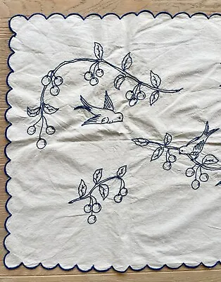 £22 • Buy Vintage French Linen Embroidered Birds Cherries Table Runner Cloth Scallop Edge