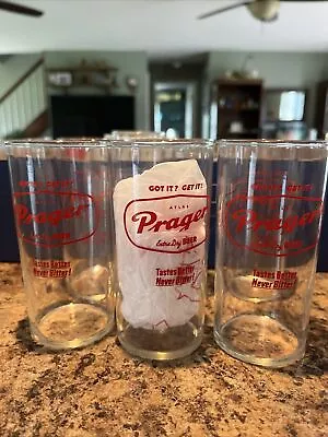 VTG ATLAS PRAGER EXTRA DRY BEER GLASSES (6) 4-3/4” Tall “TASTE BETTER NOT BITTER • $50