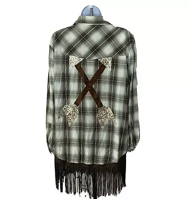 Ely Cattleman Women’s Flannel Top Large Brown Green Plaid Fringe Sequins Arrows • $34.98