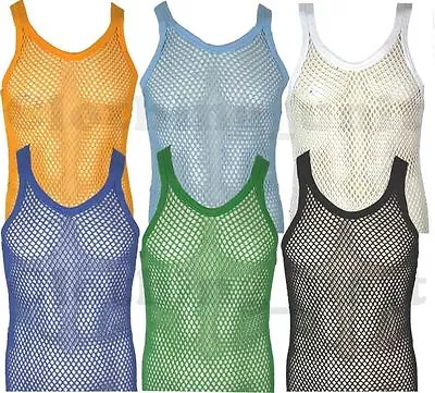 Mens String Cotton Vest Mesh Net Holiday Beach Summer Wear   S M L XL • £5.99