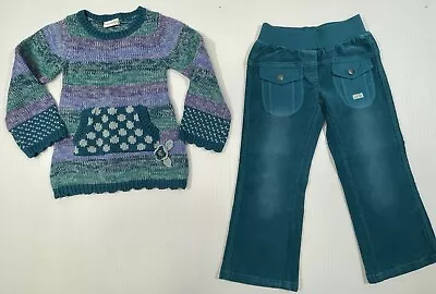 Naartjie Girls Teal Remi Cotton Long Sleeve Sweater Corduroy Pant 2Pc Set Size 4 • $40