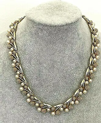 £65 • Buy Crown Trifari Modernist Necklace Two Shades Of Gold Tone & Faux Pearl C.1960s