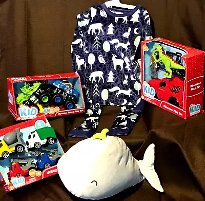 Giftset: Boys Dino Toy Set Monster Trucks Utility Truck Set PJ's Whale Plush • $85