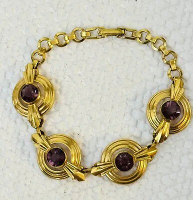 Vintage Gold Filled Art Deco Purple Glass Amethyst Gold Disc Bracelet Simmons • $69.95