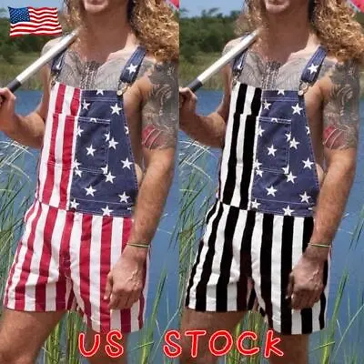 $28.87 • Buy Men's American Flag Print Shorts Suspender Jumpsuits Bib Pants Casual Overalls