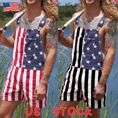 $28.87 • Buy Men's American Flag Print Shorts Suspender Jumpsuits Bib Pants Casual Overalls
