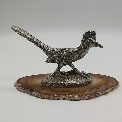 Small 2  Vintage Pewter Roadrunner Bird Figurine On Brown Agate Stone Slice  • $12.60