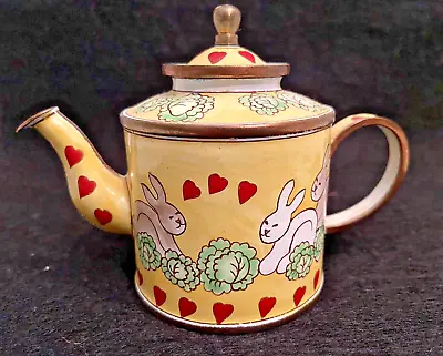 Vintage Kevin Chen Copper Enamel Teapot Signed No. 411 1999 W/ Rabbits & Lettuce • $18.75