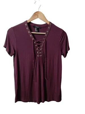 $8.50 • Buy Forever 21Small Women's Mauve Lace Up Neckline Short Sleeve Blouse Pre-Owned