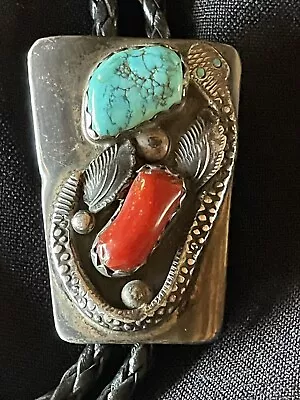 Vintage Navajo 50+ Yrs Sterling Coral- Turquoise Snake Bolo Tie • $99