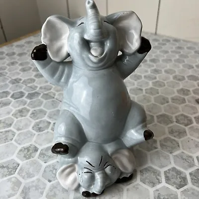 Vintage Playful Elephants 7 1/2 Inch Piggy  Bank With Plug Made In TAIWAN • $25.50