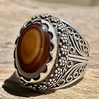 925 Sterling Silver Men Ring Natural Yemeni Sultani Agate Aqeeq Silver سليماني • $60