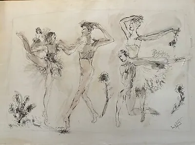 Signed Mid Century Swiss Artist Ballerinas Ink Watercolor Signed Im Tanzen Schuh • $75
