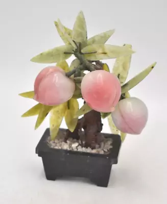 Vintage Chinese Carved Jade Hardstone Bonsai Peach Tree Ornament • £34.95