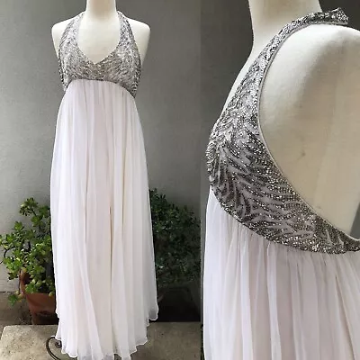 Vintage Elegant Halter Chiffon Maxi Gown Dress Silver Beads Sz XS Victoria Royal • $200