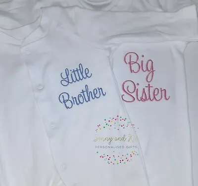 £9.99 • Buy Personalised Baby Grow, Big Little Brother Sister Sleepsuits, Embroidered Custom