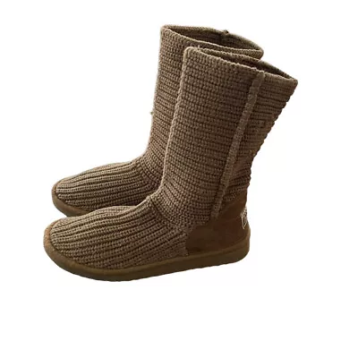 UGG Classic Tan Knit Crochet Mid Calf Pull On Boots Women’s Size 7  5833 • $18.99