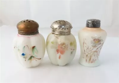 3- Vintage Mt Washington White Glass Painted Flower Salt Shakers  • $30