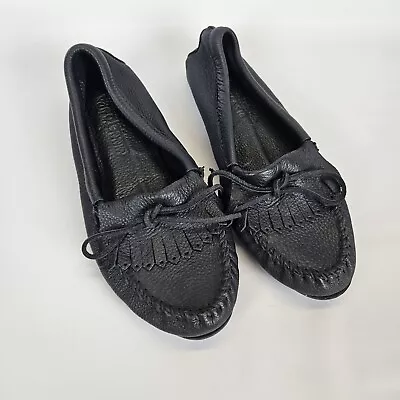 Women's 9 Minnetonka Deerskin Kilty Black Leather Moccasins • $23.99