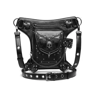Gothic Steampunk Waist Bag Skull Black Leather Thigh Hip Belt Bag Purse Men • £31.02
