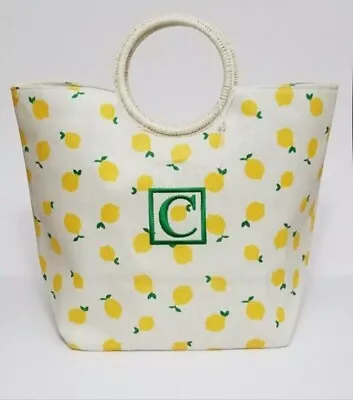 Shiraleah Straw Tote Bag Lemon Pattern Monogrammed  C  Dbl Handles Slip Pocket • $33.85