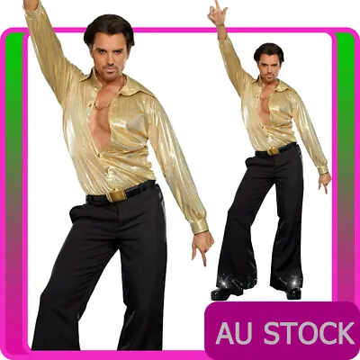 Mens Gold 70s Disco Costume 1960s Fancy Dress Up Retro 1970s Hippie Outfit • $50.34