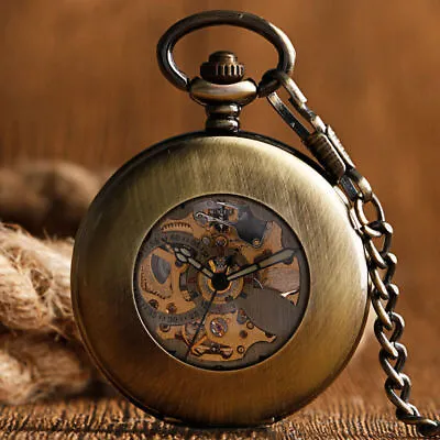 Bronze Smooth Case Men Women Pocket Watch Antique Automatic Mechanical Chain • $15.97